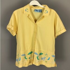 Vintage Jane Ashley Cotton Beach Embroidered Button Up Shirt Yellow 90s Camp Y2K